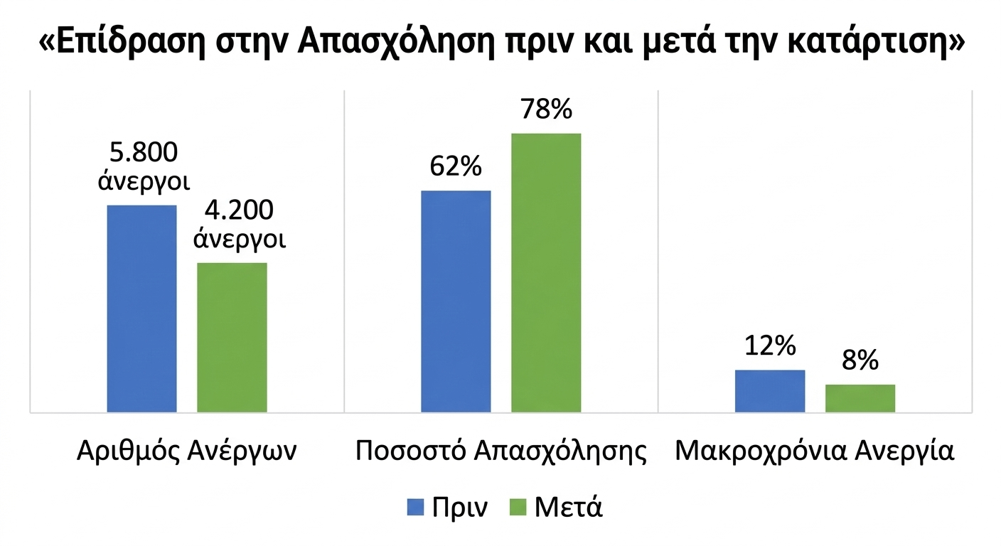Bar chart επίδρασης στην απασχόληση Γράφημα ράβδων που συγκρίνει την απασχόληση πριν και μετά την κατάρτιση voucher ΔΥΠΑ. Πριν: 5.800 άνεργοι και 62% απασχόληση – Μετά: 4.200 άνεργοι και 78% απασχόληση. Μείωση μακροχρόνιας ανεργίας από 12% σε 8%.