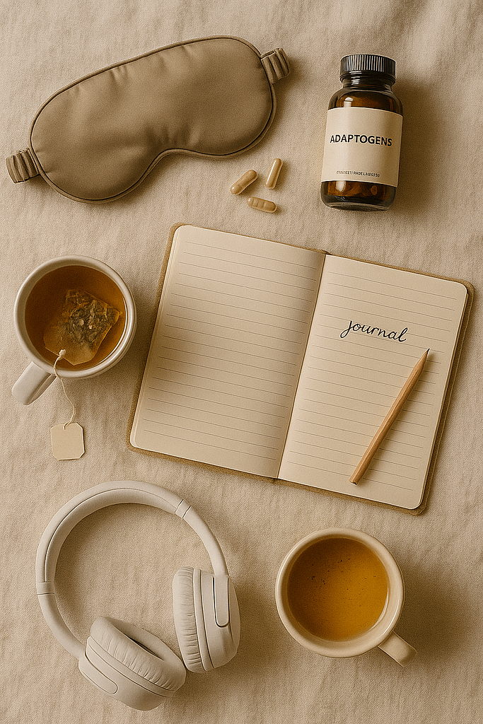 Self-care tools used in the burnout recovery journey: adaptogens, journals, and sleep accessories.