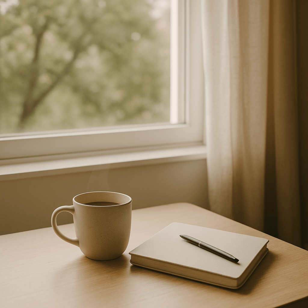 Calm morning scene with journal, tea, and sunlight creating peaceful atmosphere