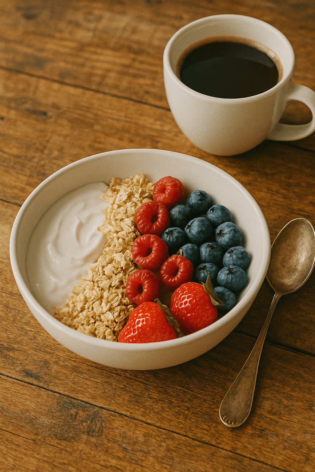 Healthy breakfast bowl with Greek yogurt, granola, berries and chia seeds