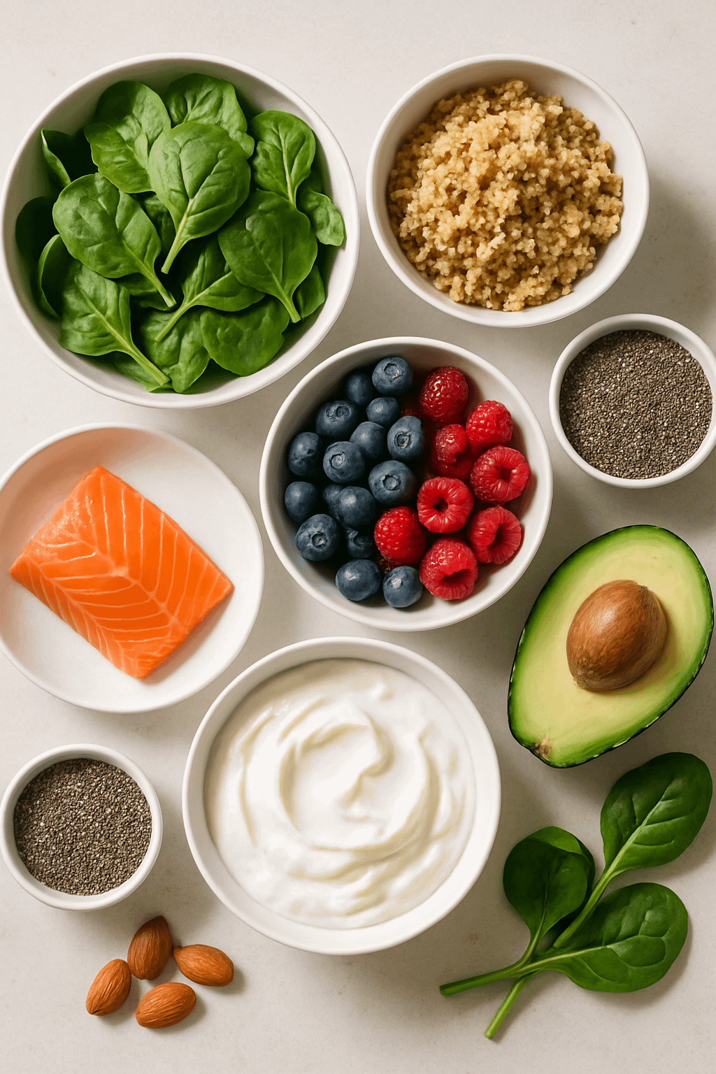 Healthy energy-boosting foods like fruits, grains, and nuts arranged on a table