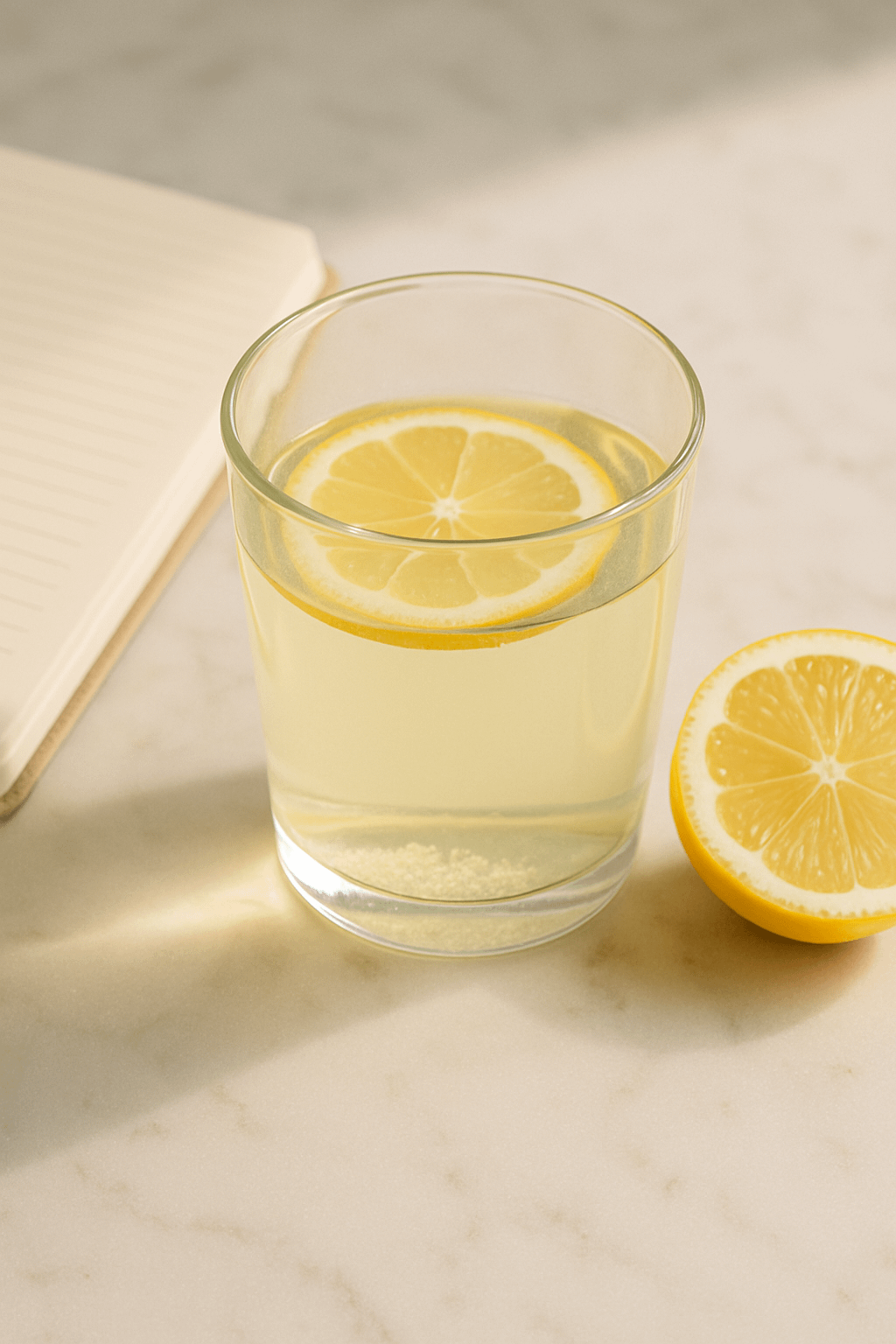 Glass of lemon water and electrolytes on table