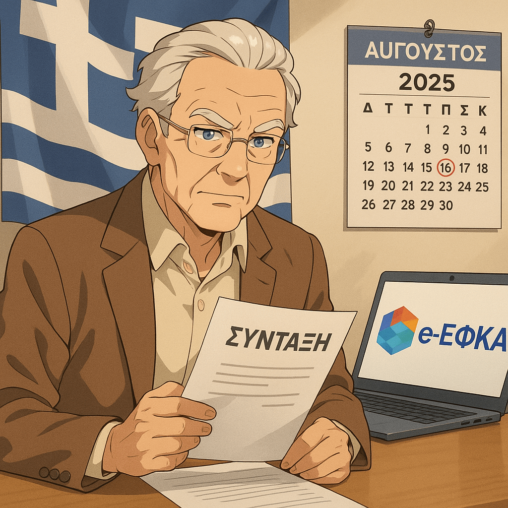 Senior citizen reviewing pension documents for early retirement in August 2025, with e-EFKA logo on laptop and Greek flag background.