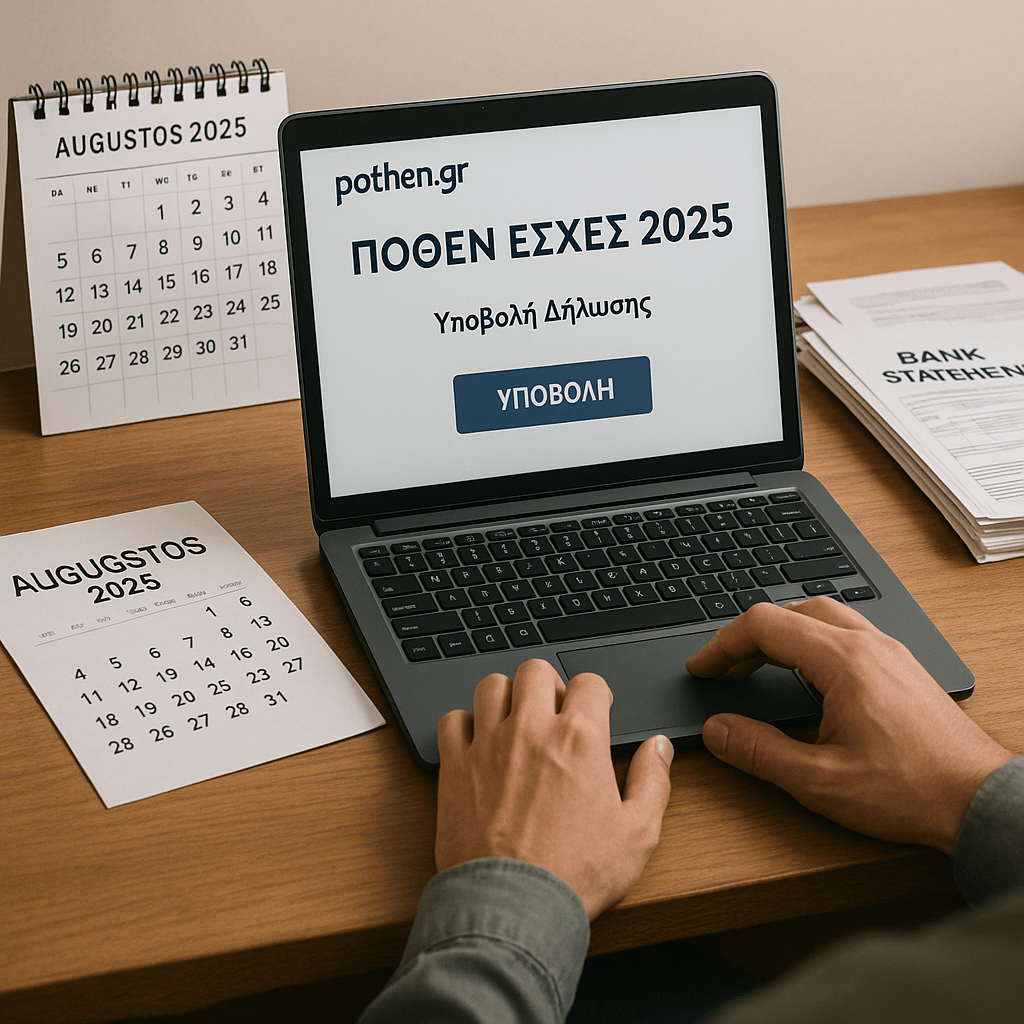 Person submitting Pothen Esches 2025 declaration on pothen.gr with August 2025 calendar, bank statements.
