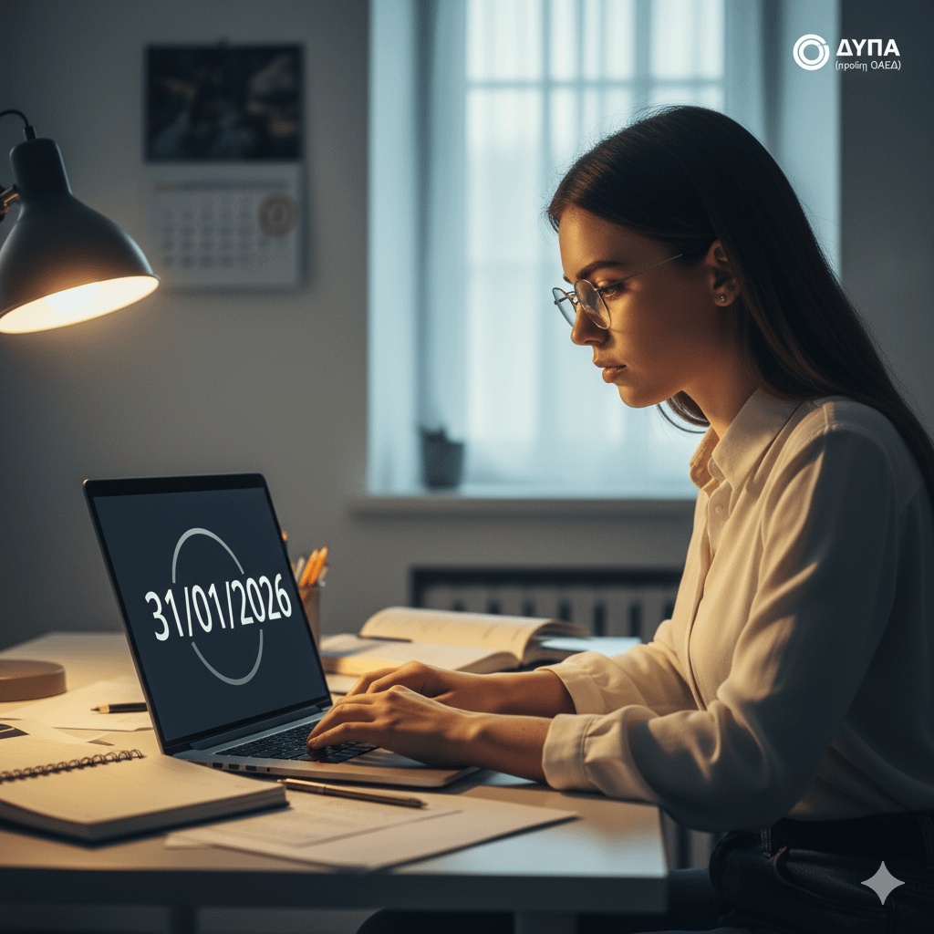Άνεργος/Εργαζόμενος σε πρόγραμμα κατάρτισης ΔΥΠΑ, συμβολίζοντας τις νέες προθεσμίες και την ευκαιρία για ψηφιακές δεξιότητες.