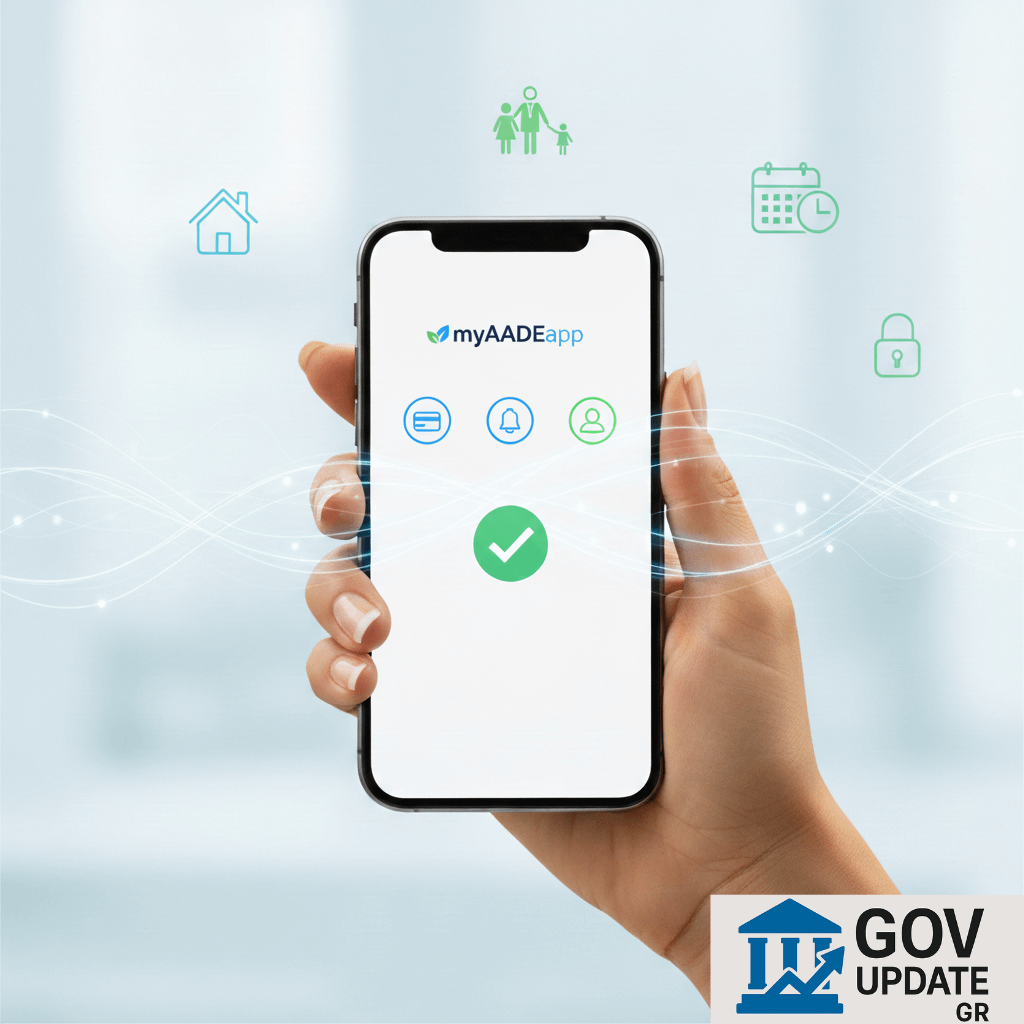 Smartphone με ανοιχτό το myAADEapp και ένα χέρι να αλληλεπιδρά, συμβολίζοντας την ψηφιακή διαχείριση φόρων, πληρωμές με IRIS και φορολογική ενημερότητα μέσω της ΑΑΔΕ.