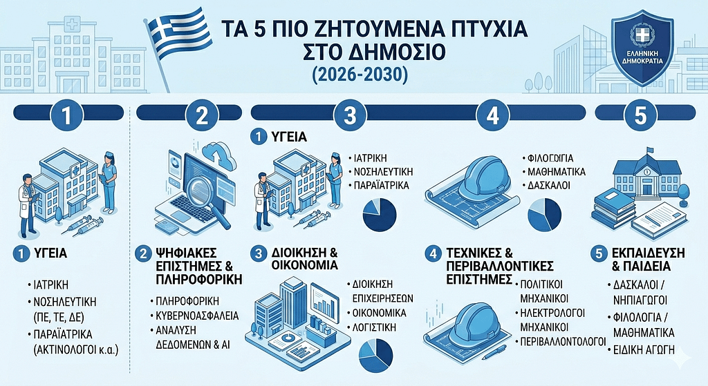 Τα 5 Πιο Ζητούμενα Πτυχία στο Δημόσιο: Πού θα γίνουν οι 19.598 προσλήψεις το 2026 και οι 95.000 έως το 2030.