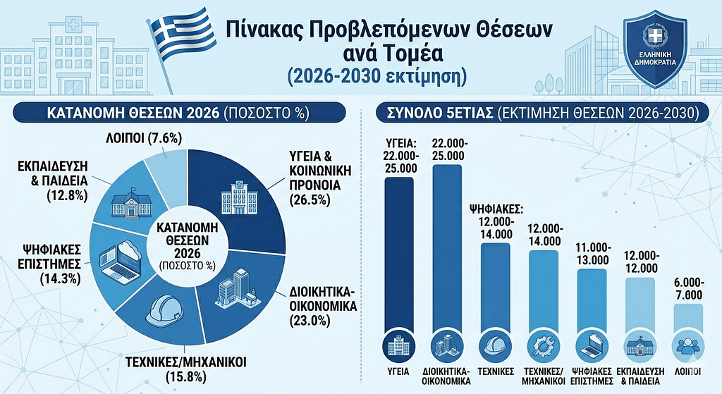 Γράφημα Κατανόησης Θέσεων: Πού θα γίνουν οι 19.598 προσλήψεις το 2026 και οι 95.000 έως το 2030.