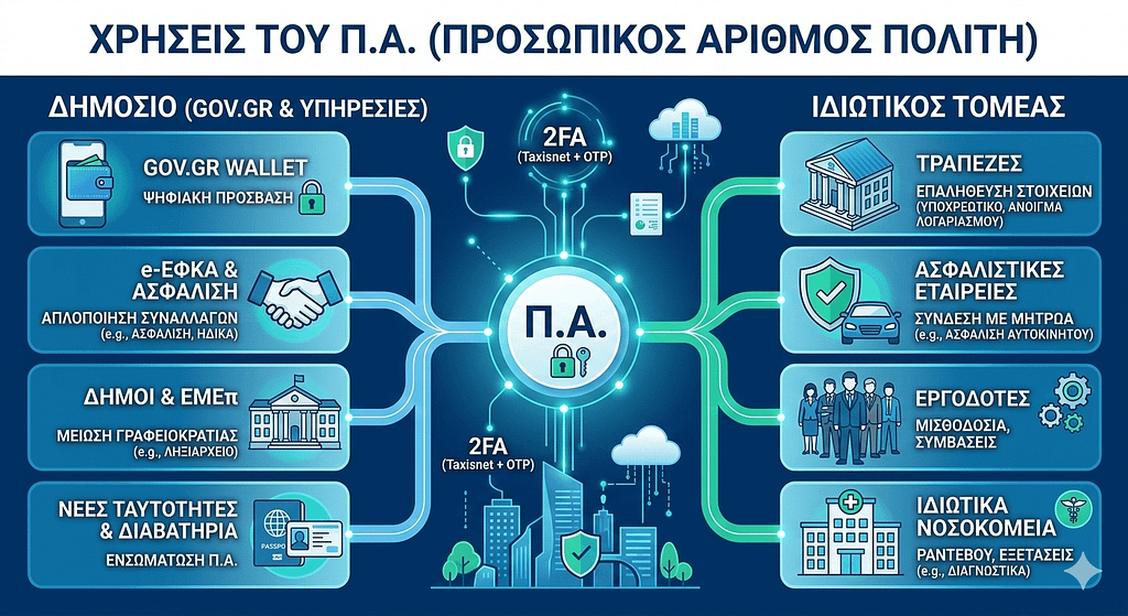 Γράφημα που δείχνει τις χρήσεις του Προσωπικού Αριθμού Πολίτη σε δημόσιες και ιδιωτικές υπηρεσίες.
