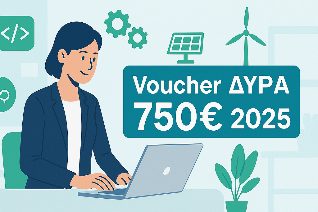 A modern digital illustration of a person working on a laptop in a bright, professional setting, with icons of digital skills (code, gears) and green technology (wind turbine, solar panel) in the background. Include a bold text overlay: “Voucher ΔΥΠΑ 750€ 2025”. Colors: Blue, green, and white, with a clean, minimalistic design suitable for WordPress featured image (1200x628px).