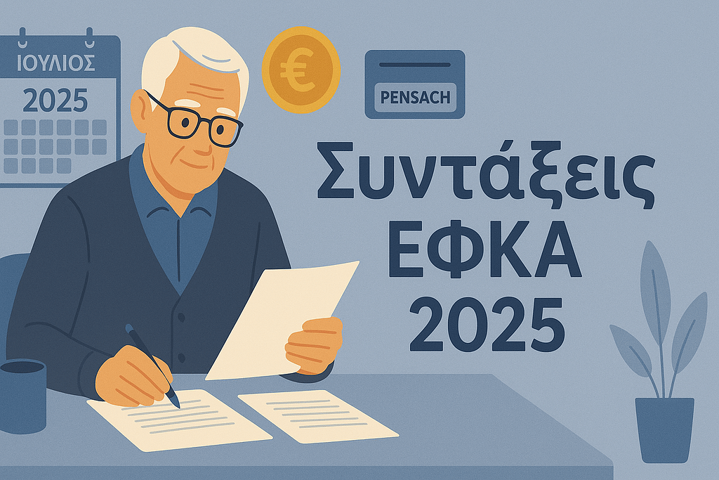 A professional illustration of a senior citizen reviewing documents at a desk, with a calendar showing July 2025 and pension icons. Text: “Συντάξεις ΕΦΚΑ 2025”. Colors: Blue, gray, and gold, 1200x628px.
