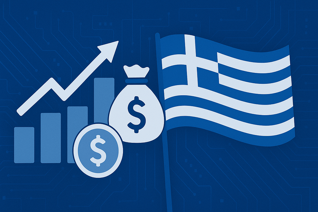 Εικόνα με γραφικά επιδοτήσεων, ελληνική σημαία, και ψηφιακό υπόβαθρο. Χρώματα: μπλε, λευκό. Μέγεθος: 1200x628px.