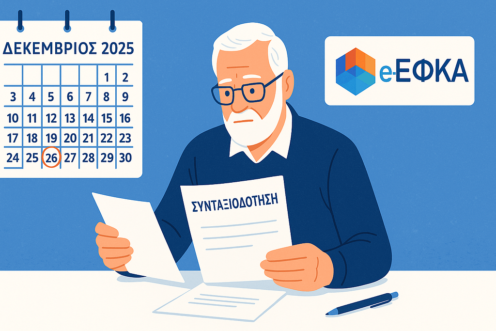 Συνταξιούχος εξετάζει οφέλη συνταξιοδότησης στο τέλος του έτους 2025 με ημερολόγιο Δεκεμβρίου.