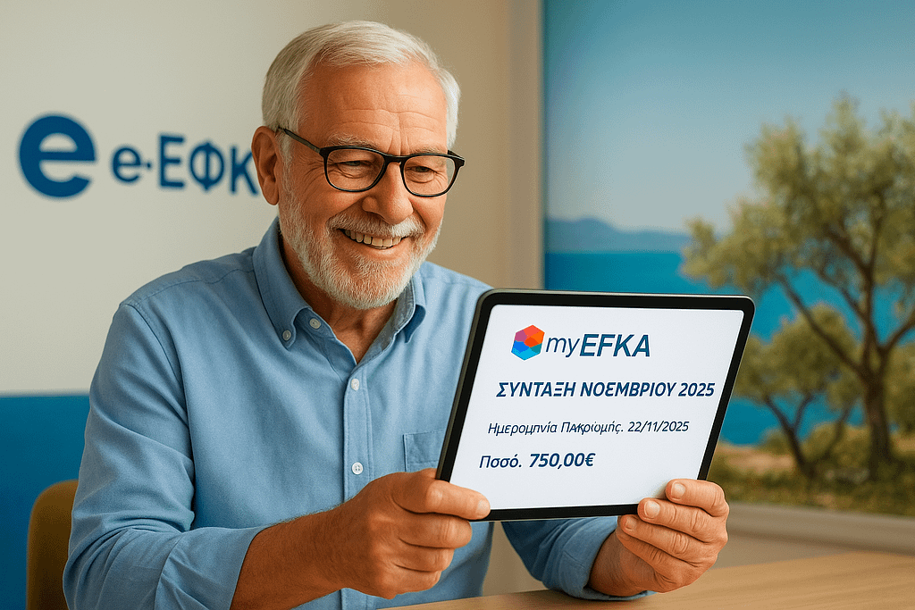 Ηλικιωμένος συνταξιούχος ελέγχει χαρούμενος την πληρωμή για την σύνταξη Νοεμβρίου 2025 στο myEFKA από laptop, με φόντο ελληνικό τοπίο με θάλασσα και ελαιόδεντρα, σε φωτεινά μπλε και χρυσά χρώματα