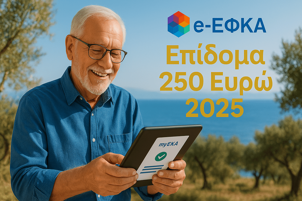 Ηλικιωμένος συνταξιούχος ελέγχει το επίδομα 250 ευρώ 2025 στο myEFKA σε tablet, με φόντο ελληνικό τοπίο, σε μπλε και χρυσούς τόνους.