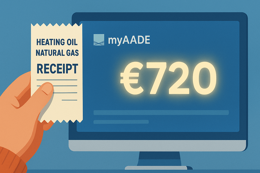επίδομα θέρμανσης Χέρι κρατάει απόδειξη πετρελαίου θέρμανσης μπροστά από οθόνη myAADE με το μέγιστο ποσό 720€.
