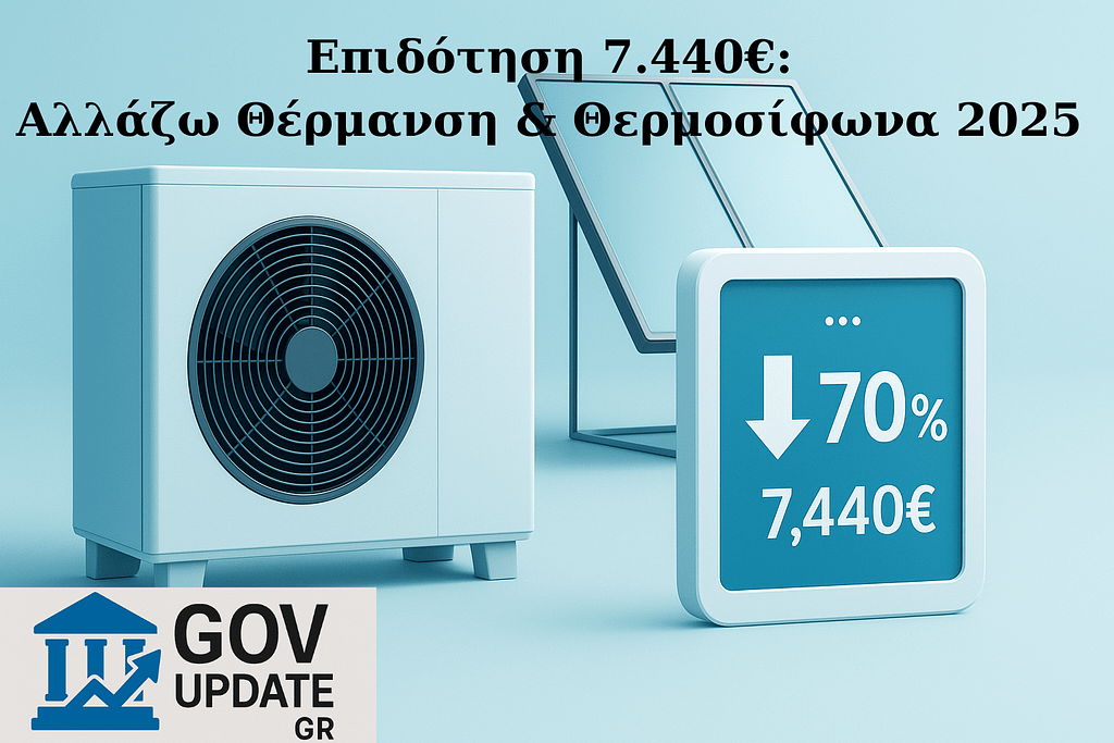 Σύνθεση με Αντλία Θερμότητας, Ηλιακό Θερμοσίφωνα και ψηφιακό μετρητή εξοικονόμησης. Σύμβολο του προγράμματος «Αλλάζω Θέρμανση & Θερμοσίφωνα 2025»