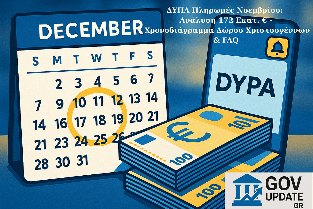 Ψηφιακό ημερολόγιο Δεκεμβρίου για πληρωμές Νοεμβρίου με τον κύκλο πληρωμών Δώρου Χριστουγέννων της ΔΥΠΑ, δίπλα σε στοίβες ευρώ και οθόνη κινητού.
