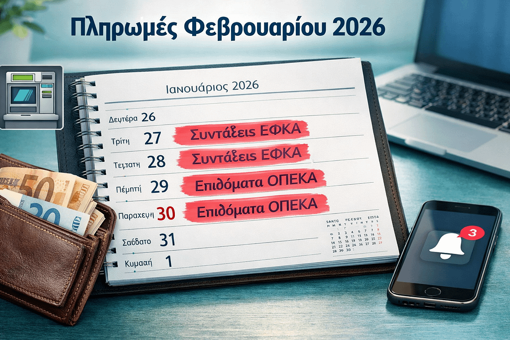 Πληρωμές Φεβρουαρίου 2026. Πίνακας πληρωμών συντάξεων και επιδομάτων Φεβρουαρίου 2026 – ημερομηνίες ΕΦΚΑ ΟΠΕΚΑ.