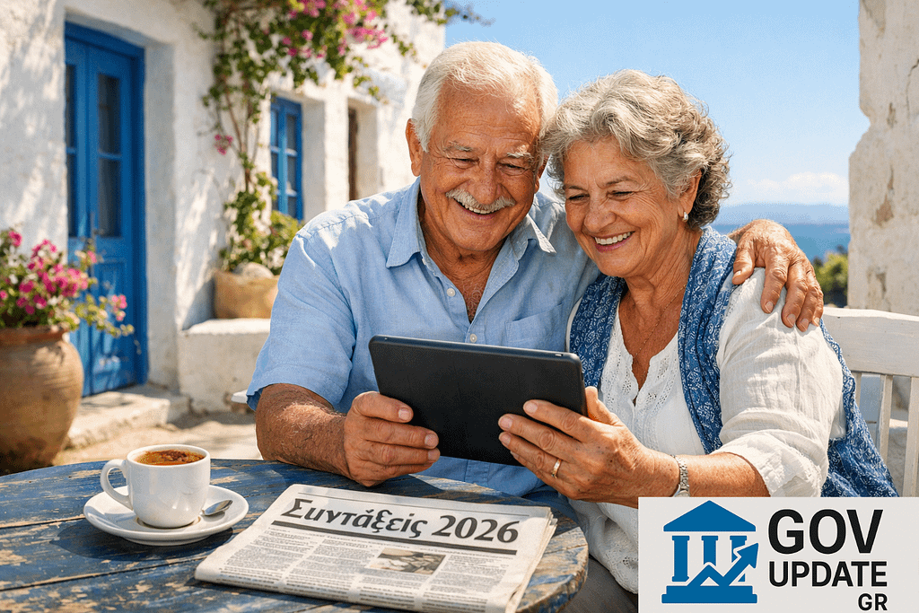 Ζευγαρι ηλικιωμένων ενημερώνεται για τις αυξήσεις συντάξεων το 2026