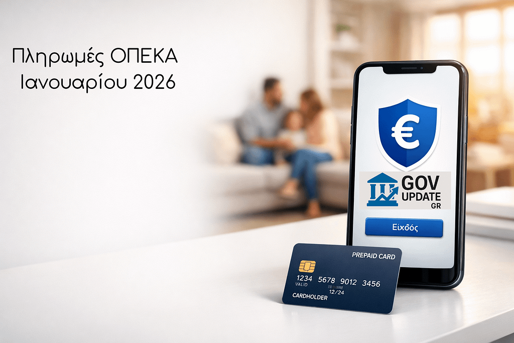ια εικόνα που δείχνει ένα smartphone με μια κυβερνητική εφαρμογή (ασφάλεια/ψηφιοποίηση), μια κάρτα (αναφορά στην προπληρωμένη κάρτα του 2026) και στο βάθος μια οικογένεια, ώστε να συνδέεται το συναίσθημα με την παροχή ΟΠΕΚΑ