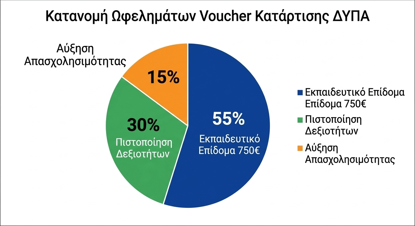 Pie chart κατανομή ωφελημάτων voucher Κυκλικό διάγραμμα (pie chart) που δείχνει την κατανομή των ωφελημάτων του προγράμματος voucher κατάρτισης ΔΥΠΑ: 55% εκπαιδευτικό επίδομα 750€, 30% πιστοποίηση δεξιοτήτων, 15% αύξηση απασχολησιμότητας.