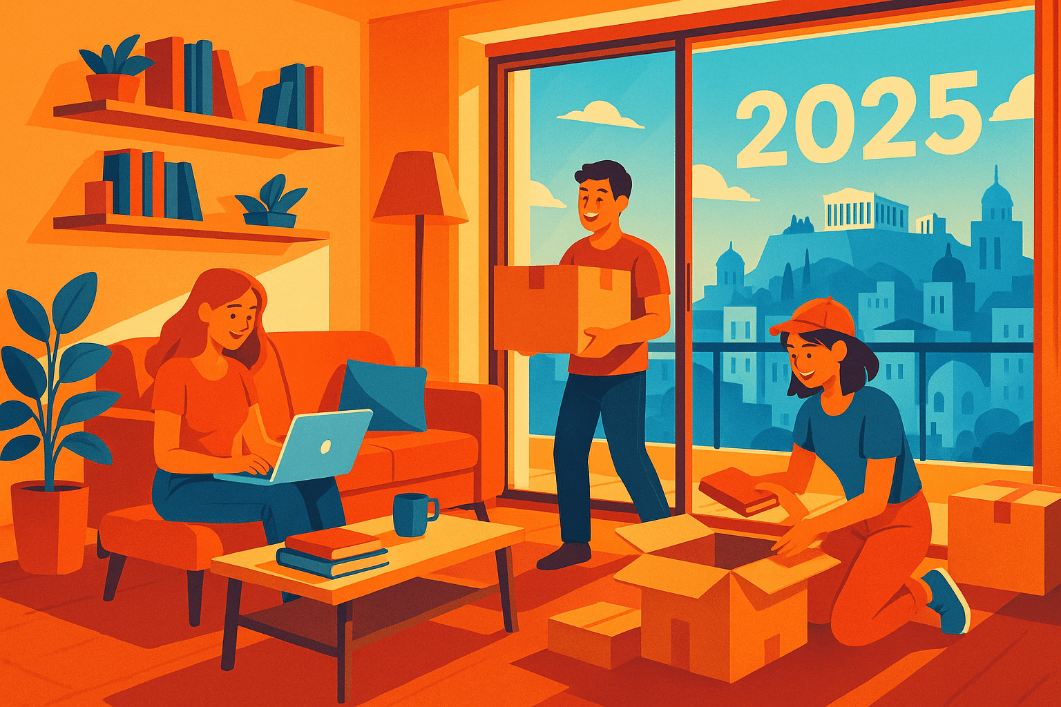 A vibrant illustration of a modern student apartment in a bustling Greek city, featuring young students unpacking, a cozy living room, and city skyline in the background, symbolizing the start of a new academic journey in 2025.