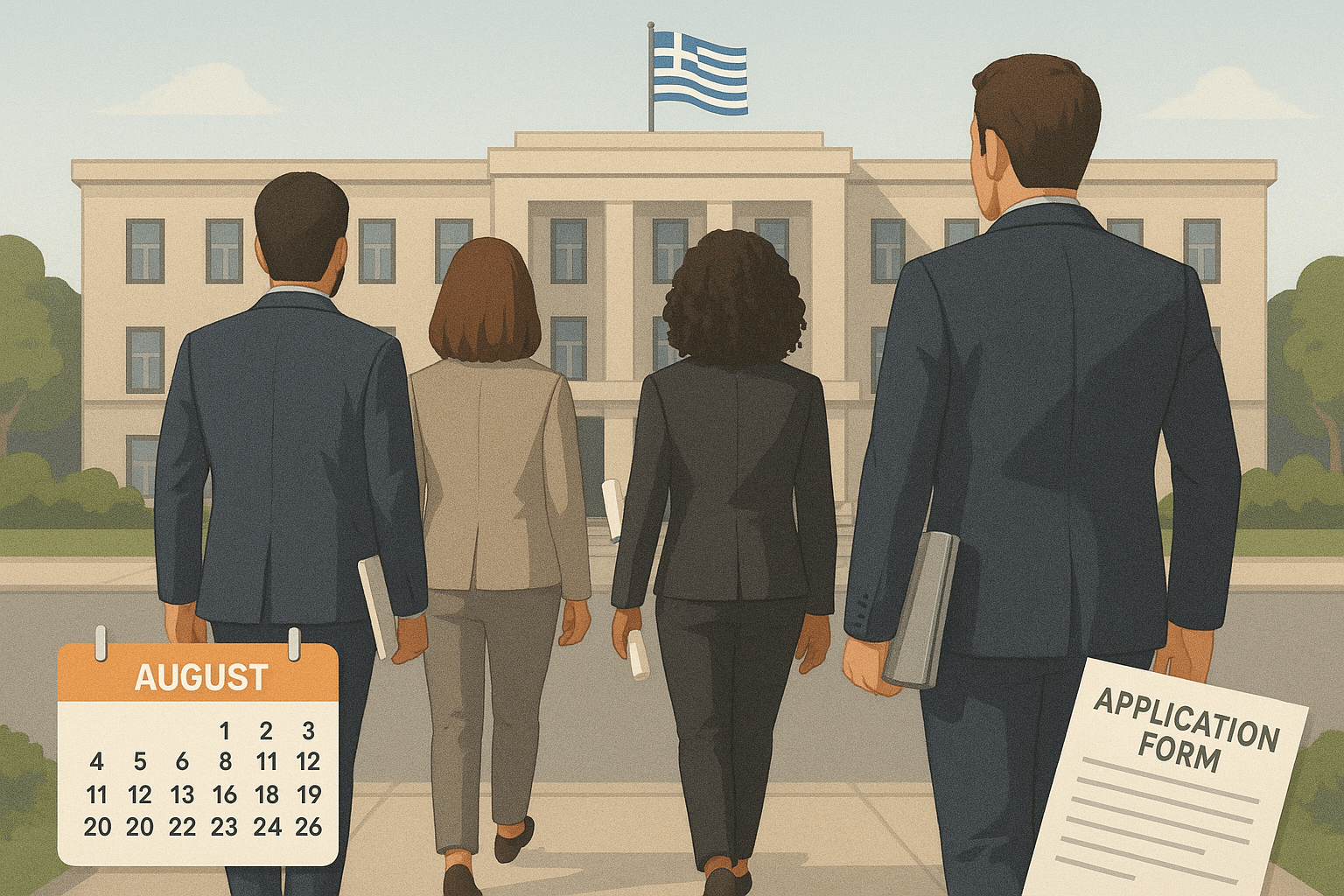 Group of professionals with diplomas and laptops in front of a government building, symbolizing ASEP job openings in 2025.