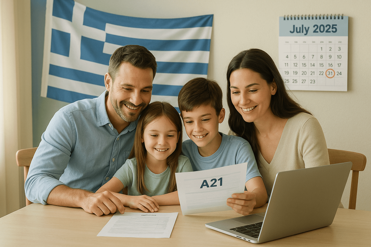 Happy Greek family reviewing A21 child benefit documents with a laptop, featuring a calendar for July 31, 2025.