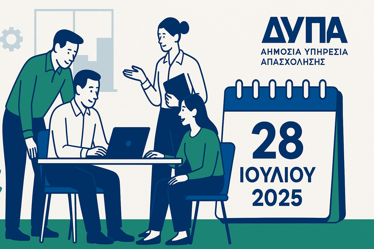 Εικόνα με εργαζόμενους σε ελληνική επιχείρηση, λογότυπο ΔΥΠΑ και ημερολόγιο με ημερομηνία 28 Ιουλίου 2025, που συμβολίζει τις νέες επιδοτούμενες θέσεις εργασίας.