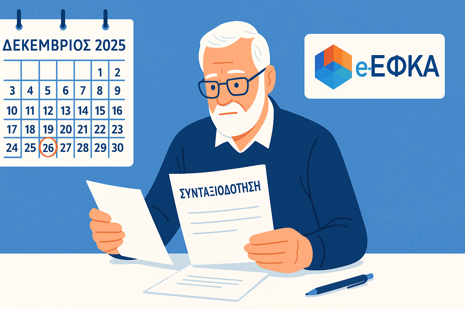 Συνταξιούχος εξετάζει οφέλη συνταξιοδότησης στο τέλος του έτους 2025 με ημερολόγιο Δεκεμβρίου.