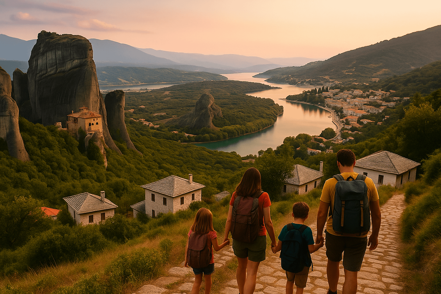 anoramic view of Thessaly's beauty with Meteora's rock formations, Lake Plastira's waters, and Volos' seaside, featuring a family hiking in Pilio.