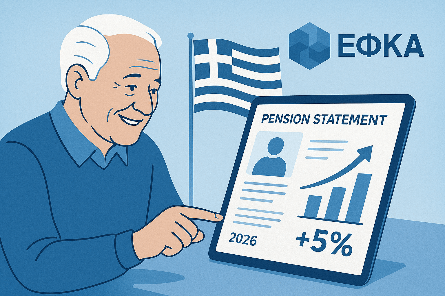Image of a senior citizen with a tablet showing a pension statement, ΕΦΚΑ logo, Greek flag, and charts of 2026 pension increases.