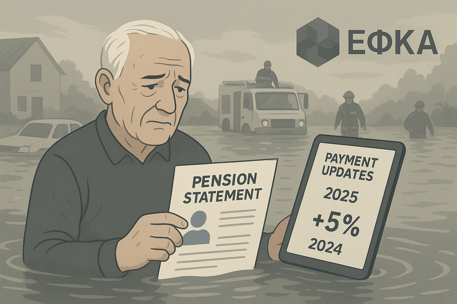 Image of a senior citizen in a flooded area with a pension statement, ΕΦΚΑ logo, emergency services, and a tablet showing 2025 payment updates.