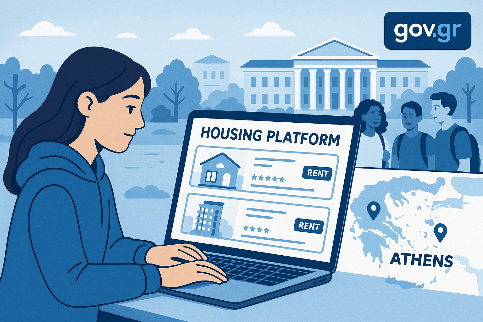 Image of a digital housing platform interface with a student browsing, a map of Greek cities, gov.gr logo, and a university campus background.