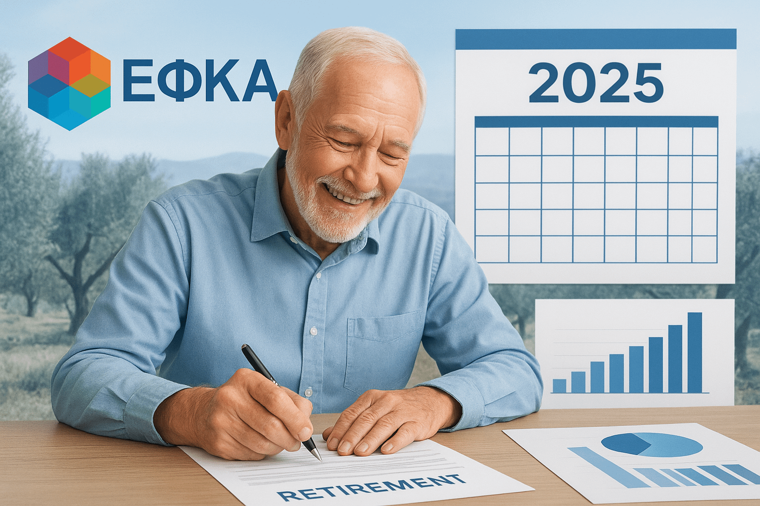 Image of a senior citizen signing retirement papers with ΕΦΚΑ logo, 2025 calendar, Greek landscape, and pension calculation charts.