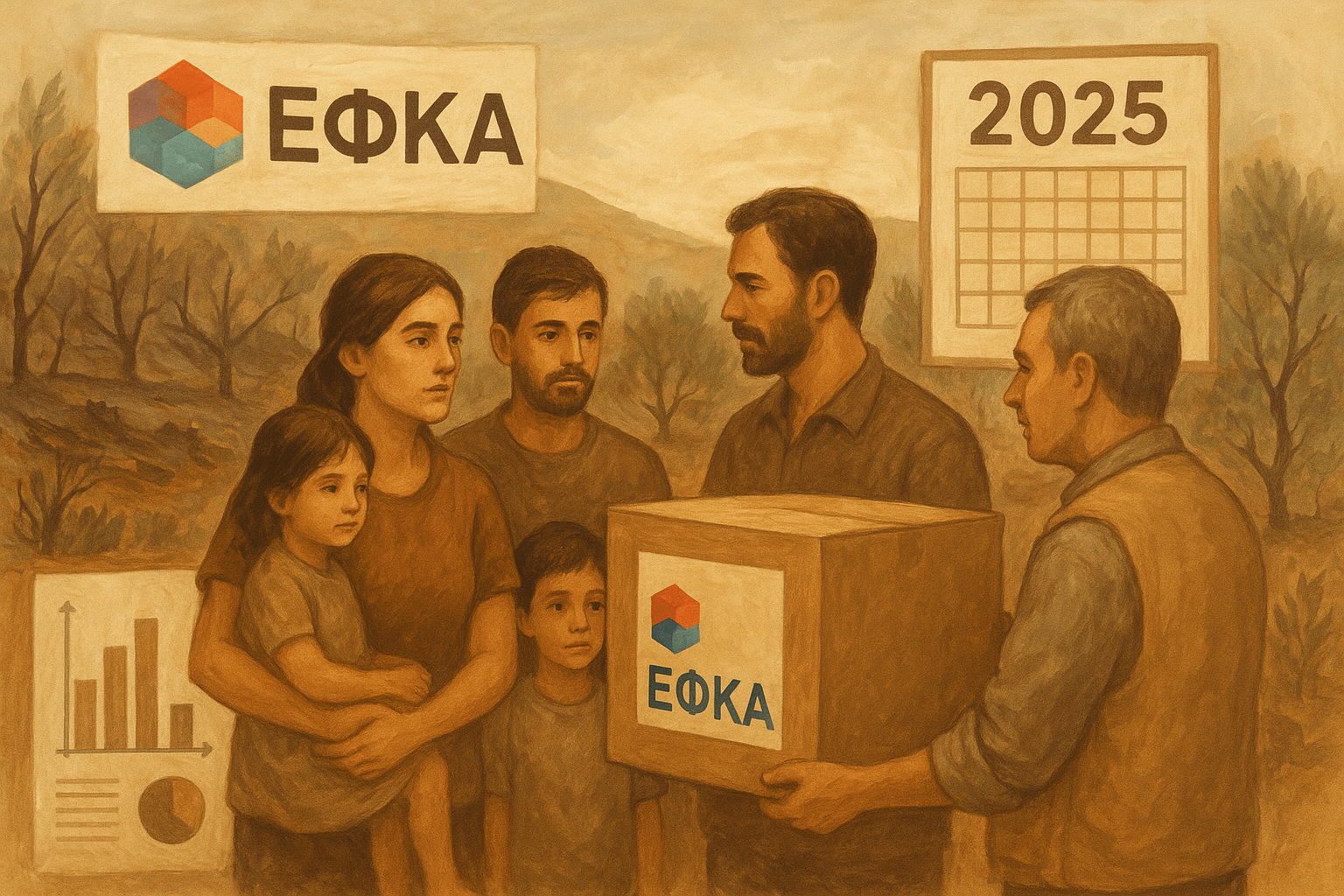 Image of a family receiving aid in a fire-damaged area with ΕΦΚΑ logo, 2025 calendar, Greek landscape, and aid amount charts.
