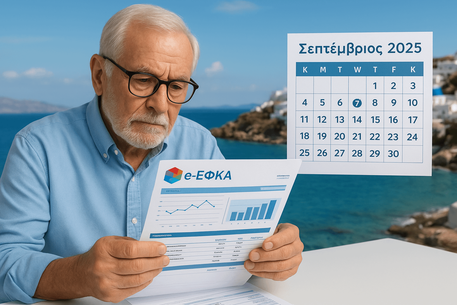 Ιmage of a senior checking a bank statement with e-ΕΦΚΑ logo, September 2025 calendar, Greek coastal background, and payment date charts.