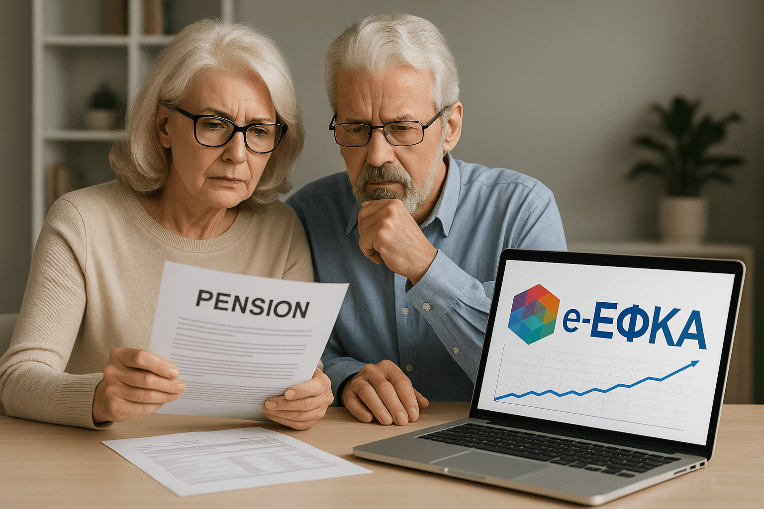 Senior couple reviewing pension documents for supplementary pensions in August 2025, with e-EFKA logo and pension graph on laptop