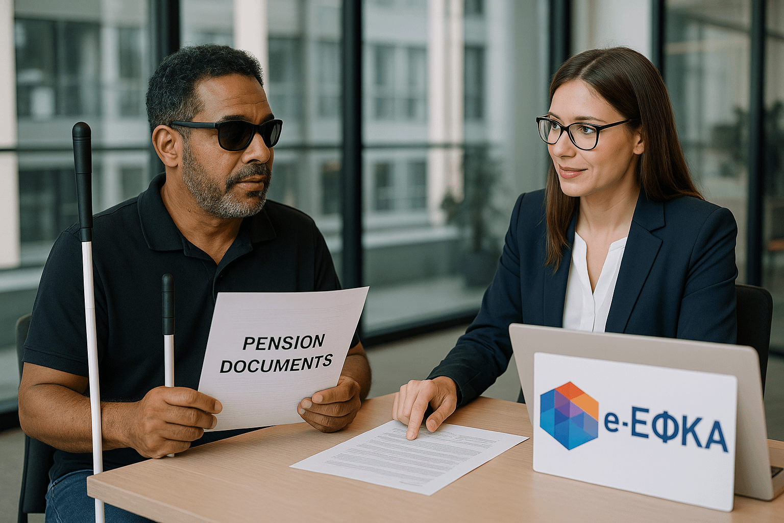 "Person with disability discussing pension terms with e-EFKA