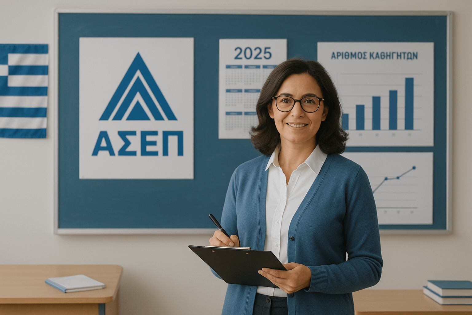 Image of a teacher in a classroom with ASEP logo, 2025 calendar, Greek school background, and teacher number charts.