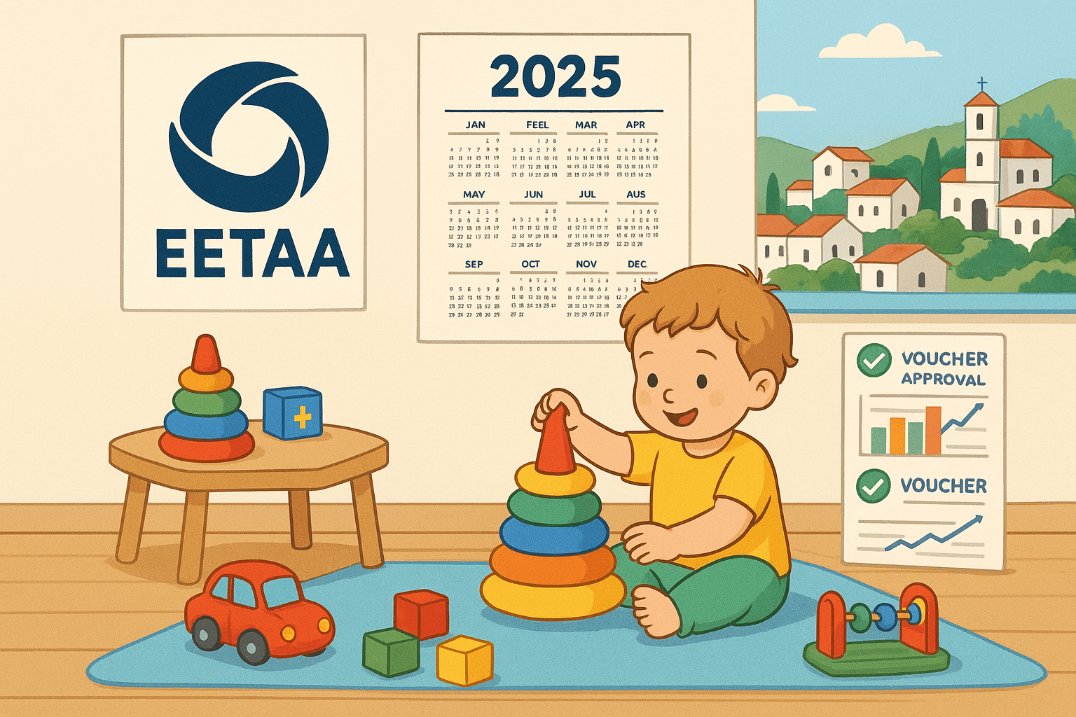 "Image of a child playing in a daycare with EETAA logo, 2025 calendar, Greek village background, and voucher approval charts.
