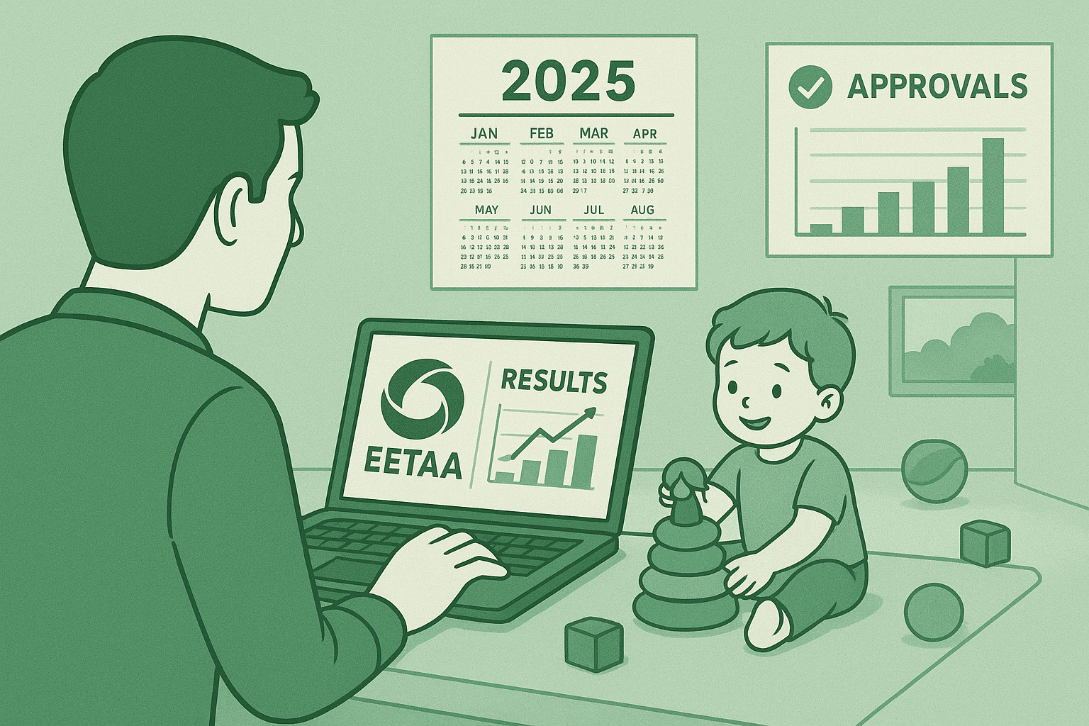 Image of a parent checking EETAA 2025 results on a laptop with logo, 2025 calendar, child in daycare, and approval chart.