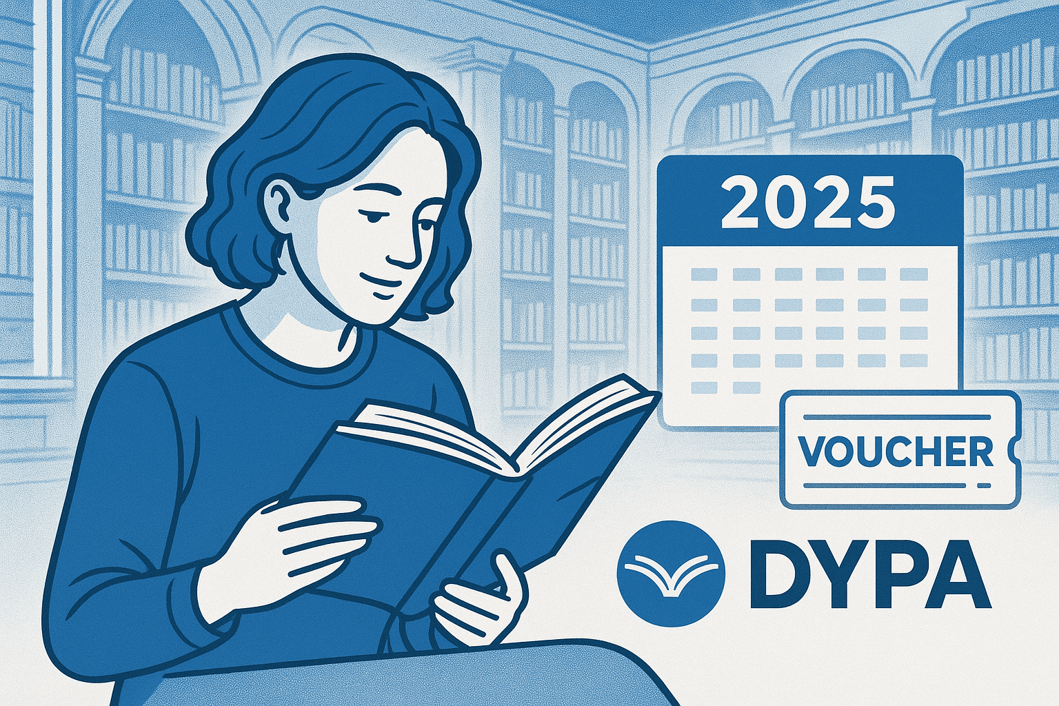 Image of a person reading a book with DYPA logo, 2025 calendar, Greek library background, and voucher graphic.