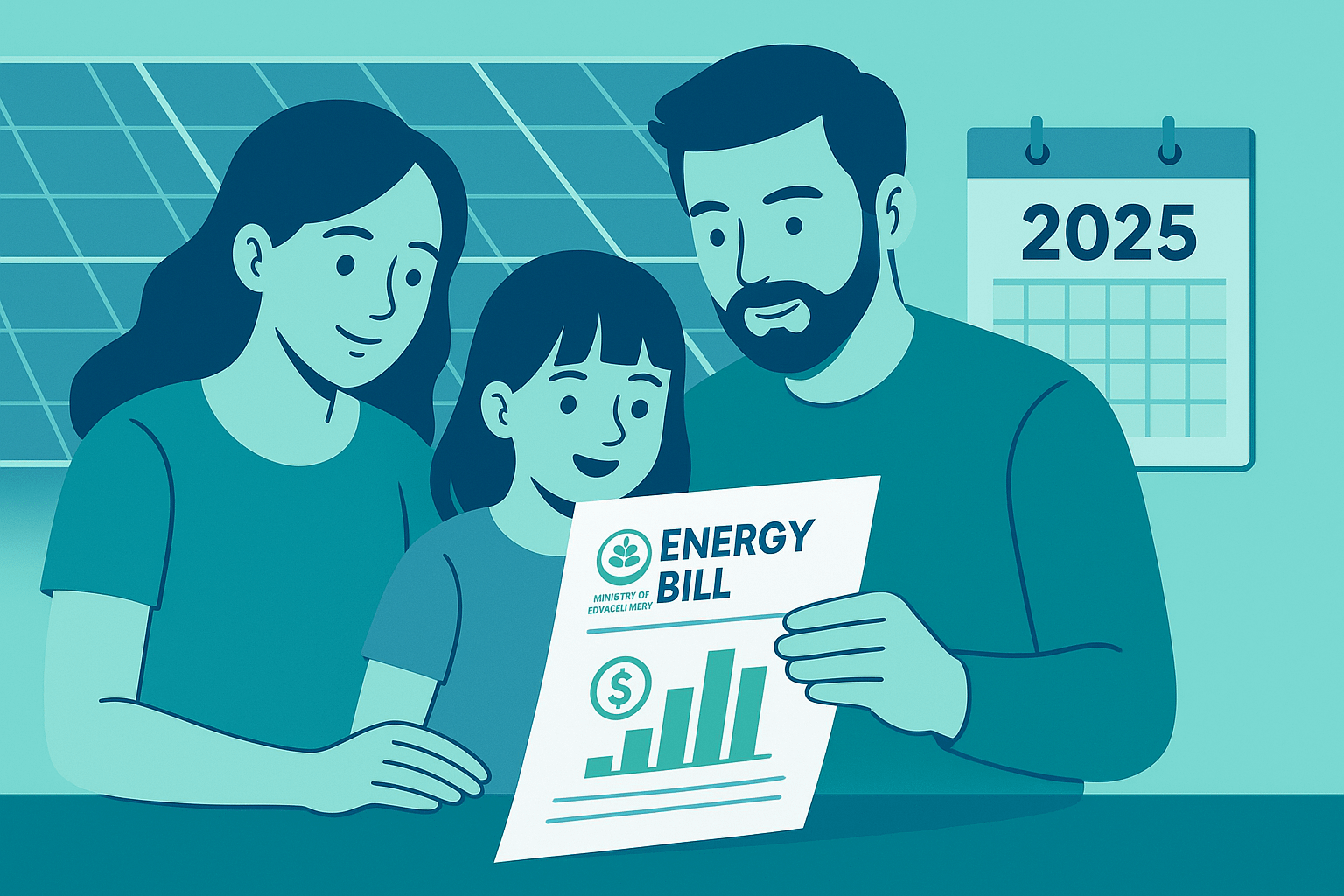Ιmage of a family checking an energy bill with Ministry logo, 2025 calendar, solar panel background, and savings chart.