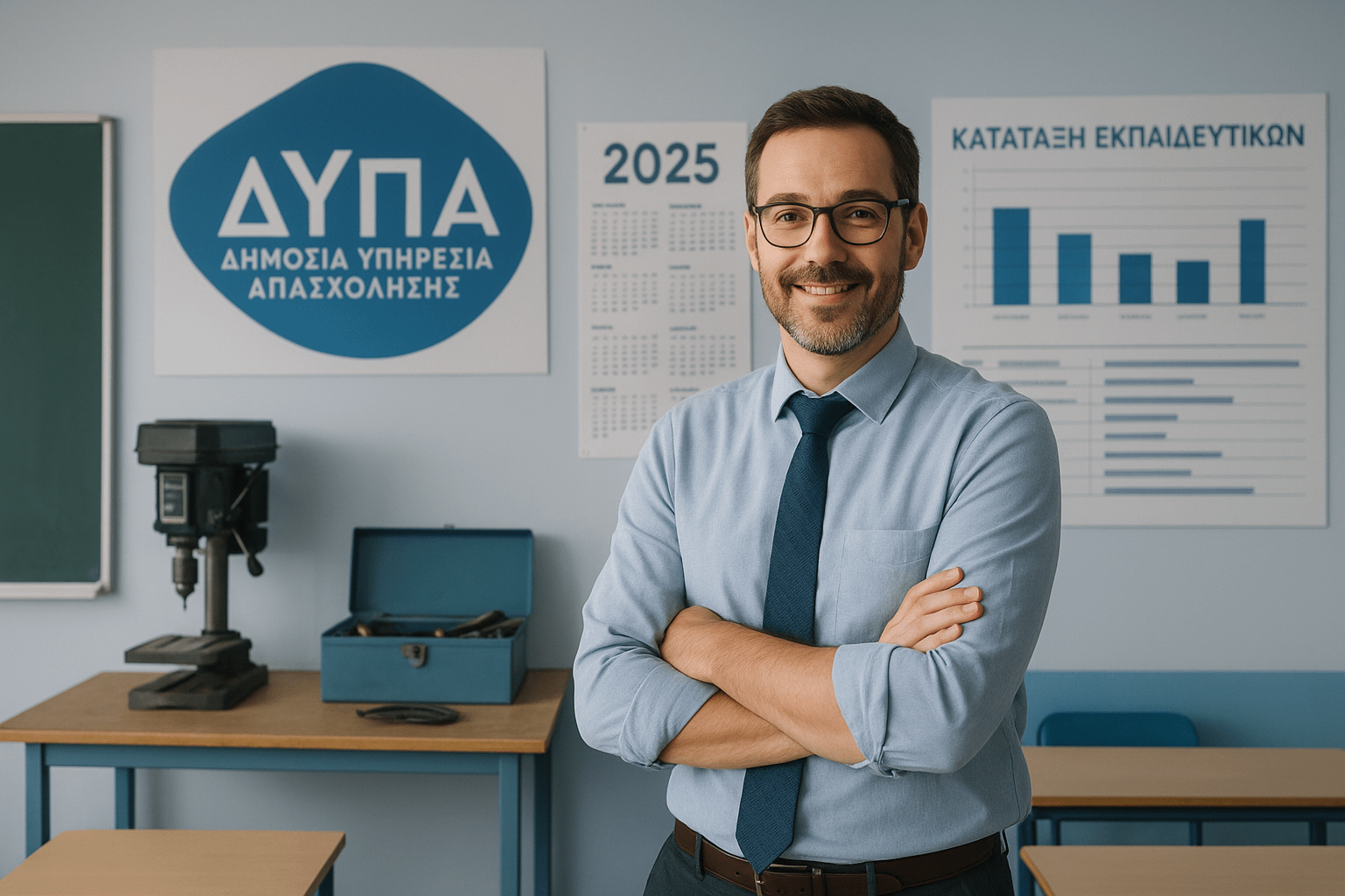 Image of a teacher in a vocational classroom with DYPA logo, 2025 calendar, Greek school background, and educator ranking charts.
