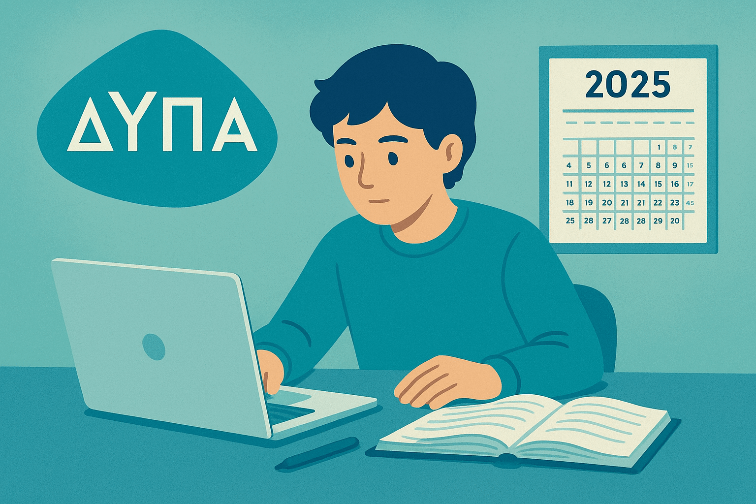 Image of a student with ΔΥΠΑ logo, 2025 calendar, and laptop studying.