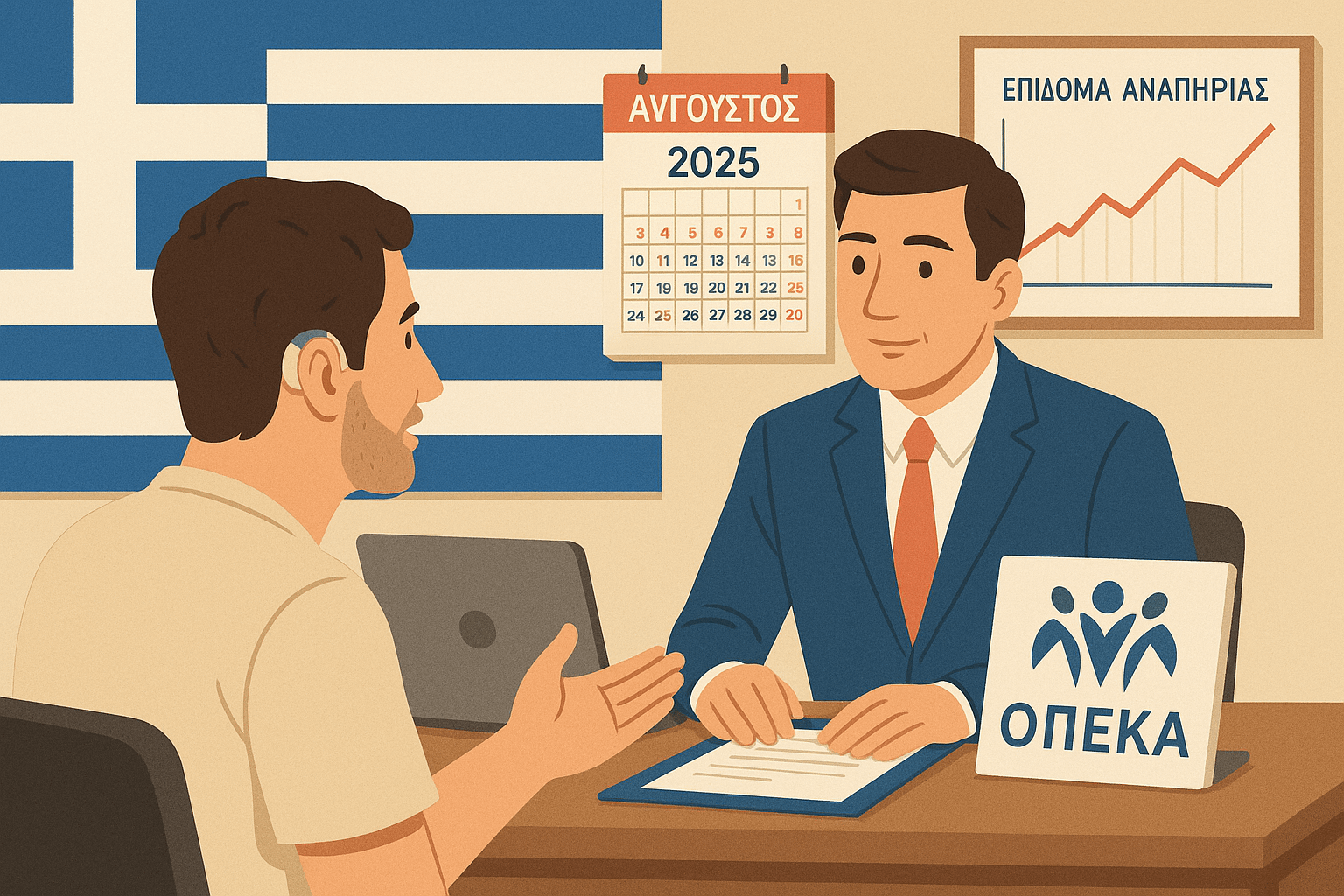 Person with hearing aid discussing benefits with OPEKA in August 2025, with graph and Greek flag background.