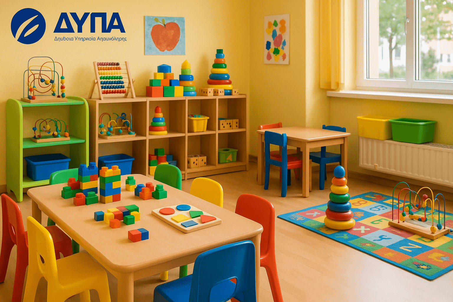 Image of a cheerful preschool classroom with toys and games, featuring the DYPA logo in the top left corner.