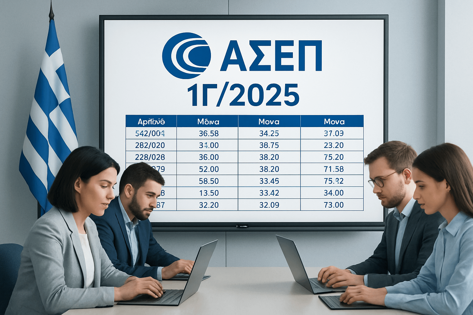 Image of an office with a digital screen showing ΑΣΕΠ 1Γ/2025 results, candidates on laptops, and a Greek flag in the background.